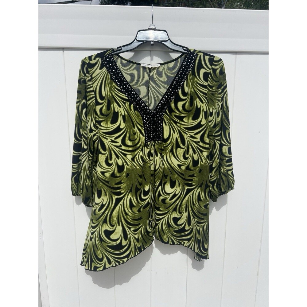 Violet + Claire Blouse Plus 2X Top 3/4 Sleeve Studded Green Crazy Print